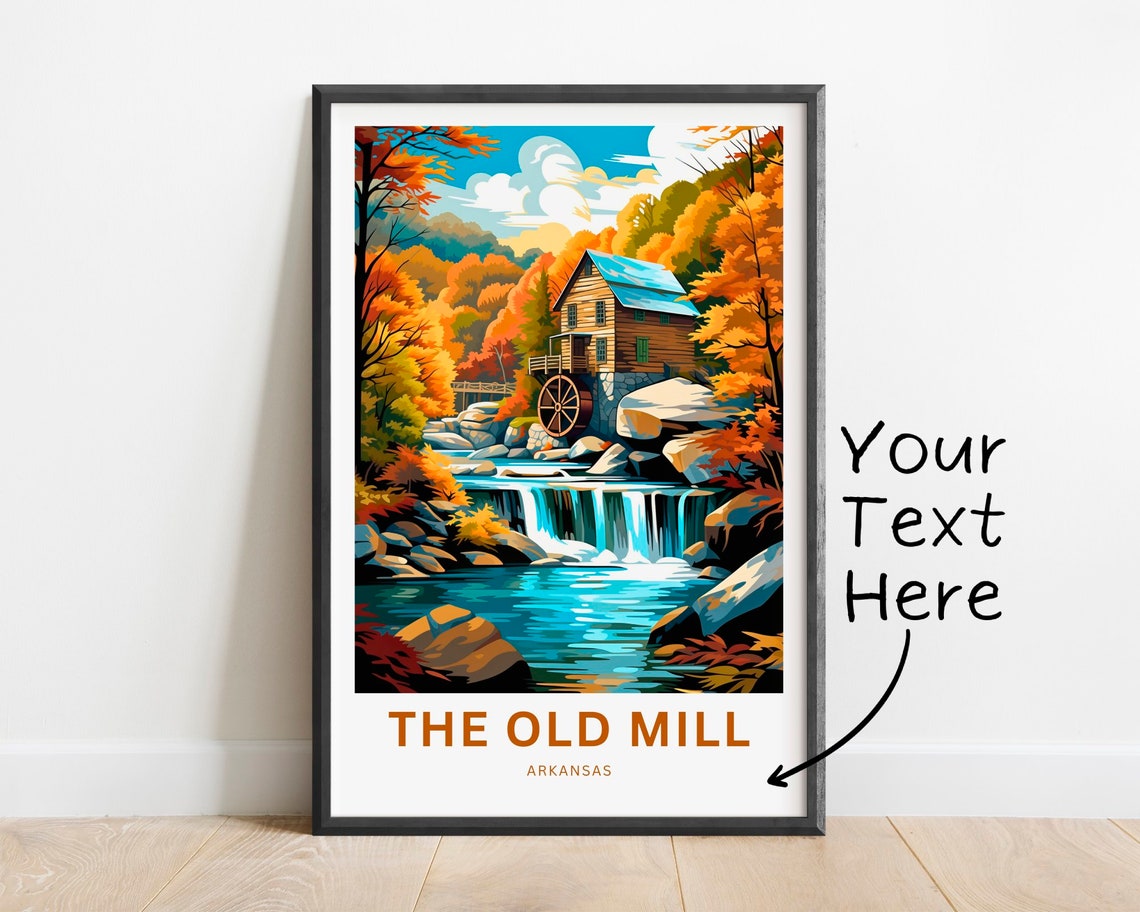 The Old Mill Arkansas Waterfall Mill Scene Customizable Travel Poster