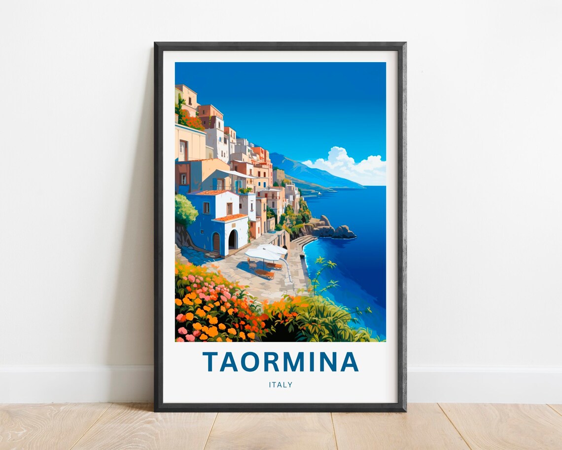 Taormina Italy Cliffside Town Flowers Mediterranean Travel Poster