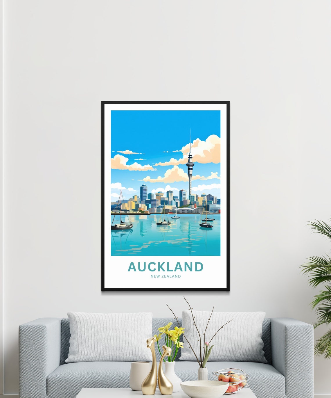 Personalized Auckland Harbor Sailboats and Sky Tower Skyline Poster - Image 3