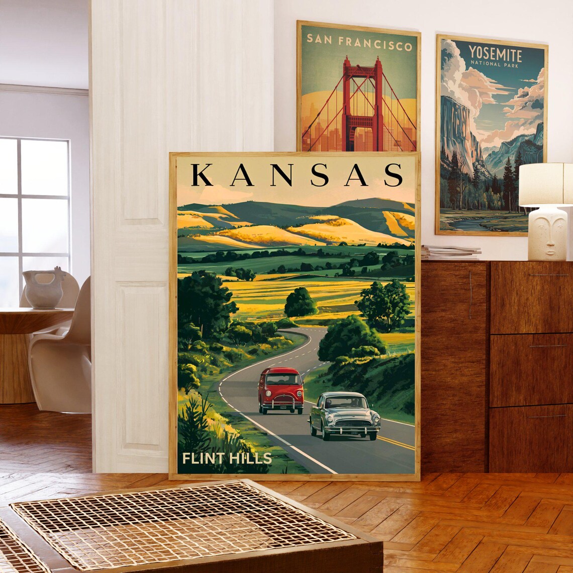 Kansas Flint Hills Road Trip Classic Cars Vintage Travel Poster - Image 5