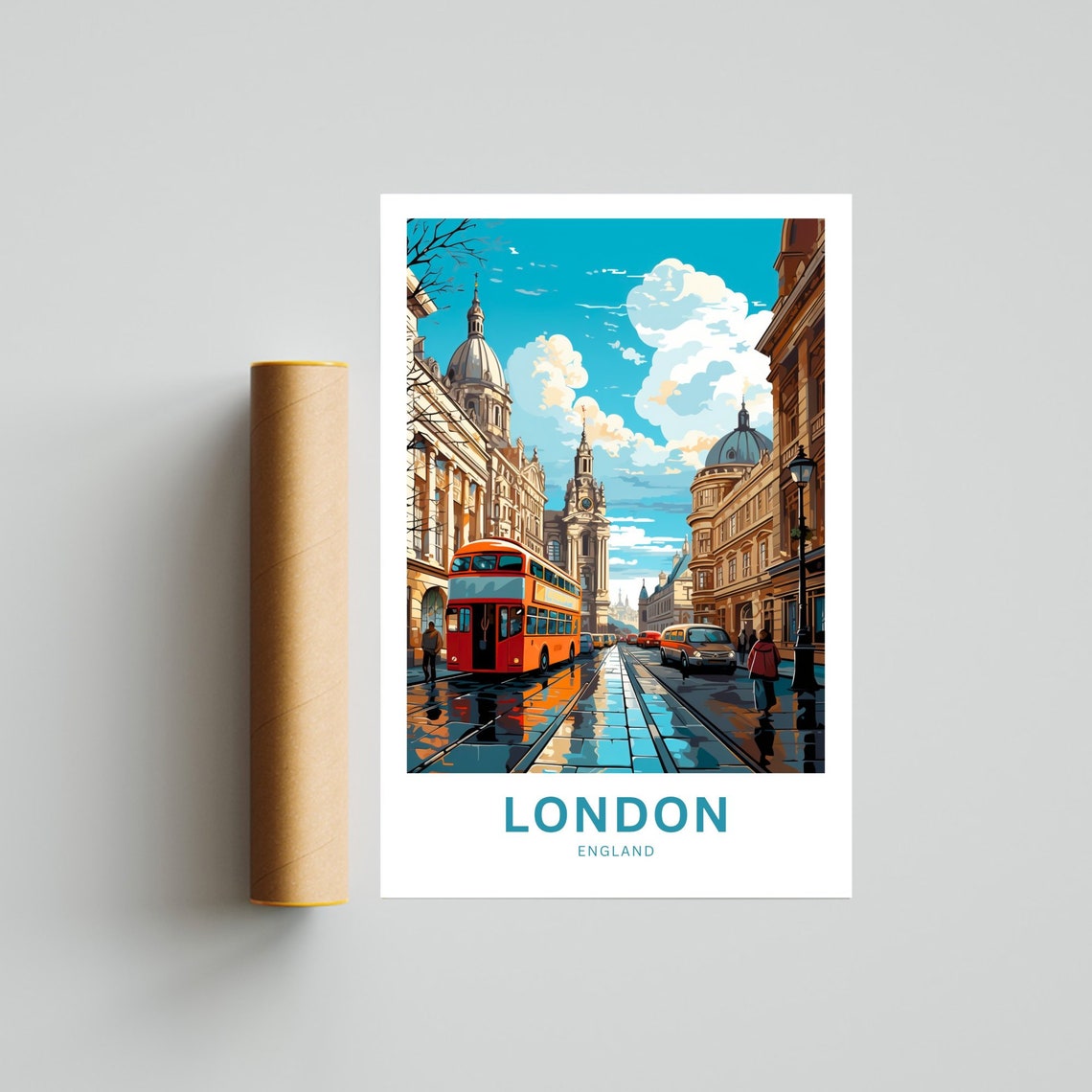 London England Red Double Decker Bus Street Scene Travel Poster - Image 4
