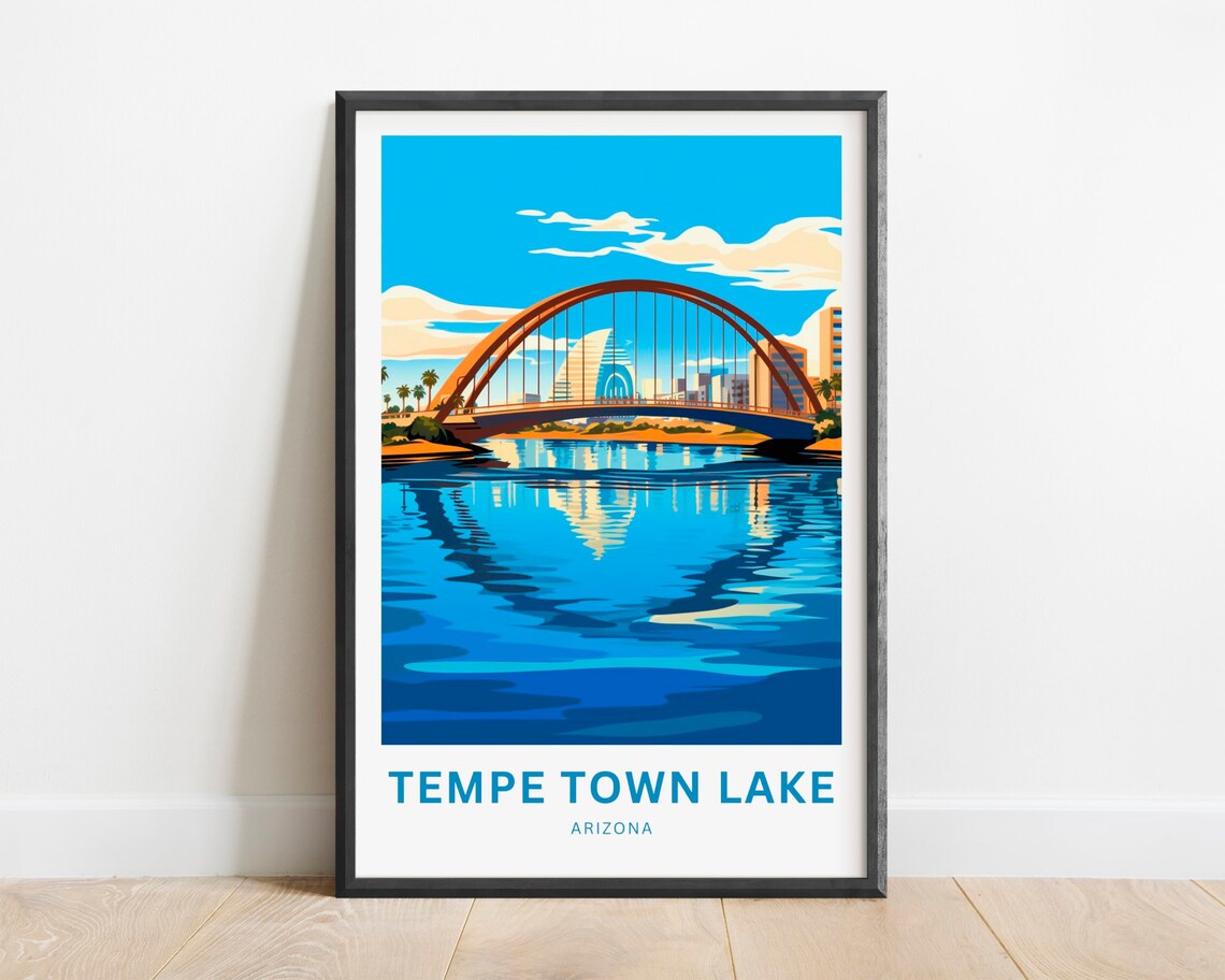 Tempe Town Lake Arizona Arch Bridge Reflection Travel Art Poster