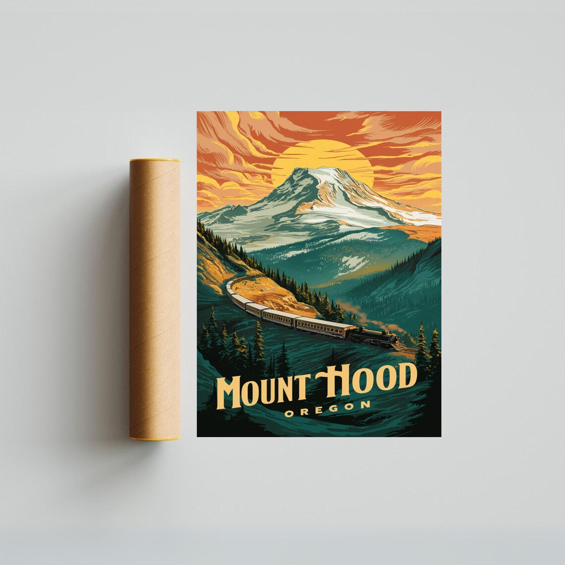 Mount Hood Oregon Retro Travel Poster Train Ride Sunset Peaks Art - Image 3
