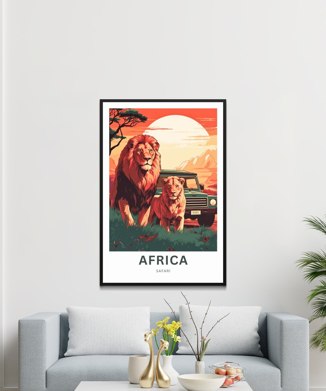 Africa Safari Lion and Lioness with Jeep Sunset Savanna Poster - Image 3