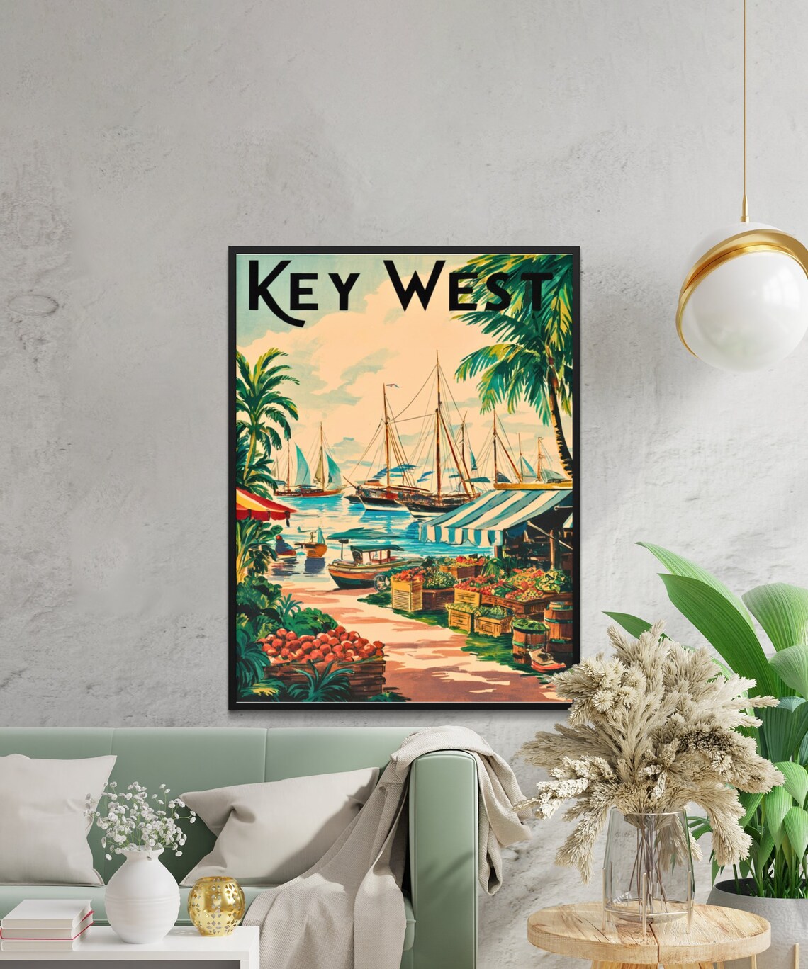 Key West Florida Harbor Sailboats Market Retro Travel Poster - Image 2