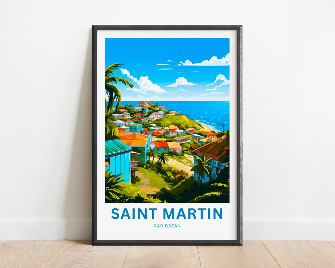 Saint Martin Caribbean Travel Poster Colorful Hillside Town Art