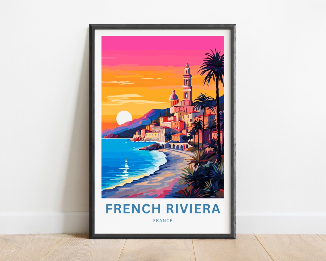 French Riviera France Travel Poster Sunset Coastal Town Palm Beach Art