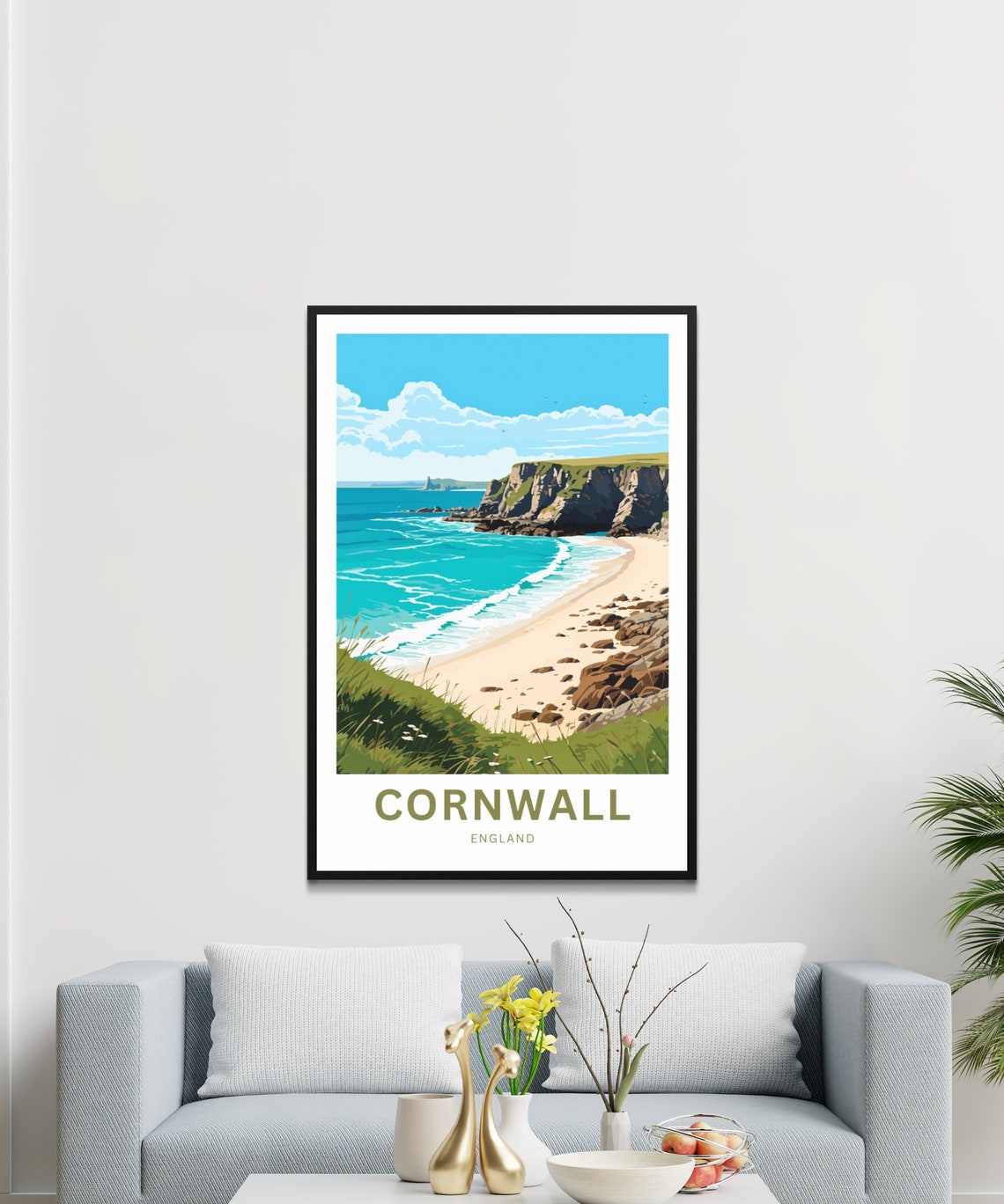 Personalized Cornwall England Sandy Beach Cliffs Travel Poster Gift - Image 3