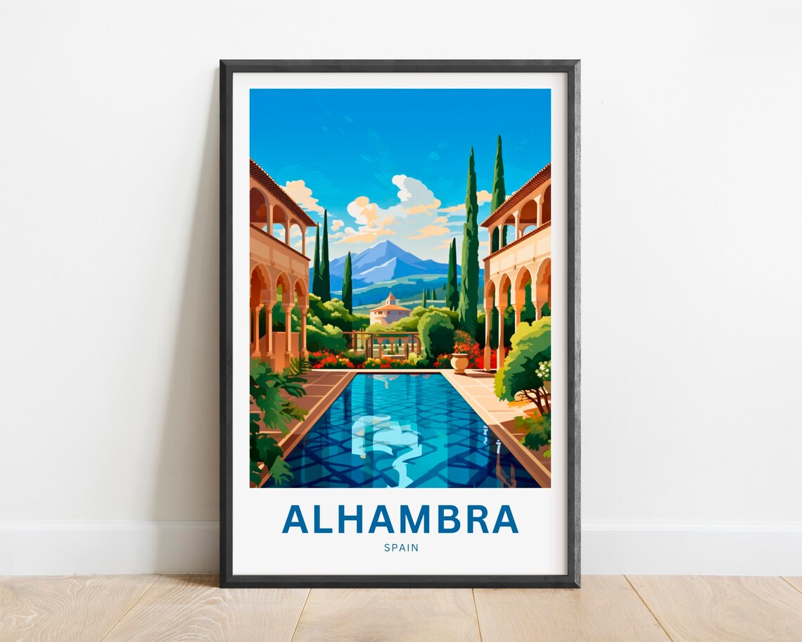 Alhambra Spain Moorish Courtyard Pool Cypress Gardens Travel Poster