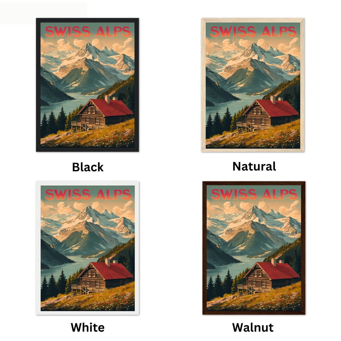 Swiss Alps Vintage Cabin by the Lake with Snowy Peaks Art Poster - Image 4