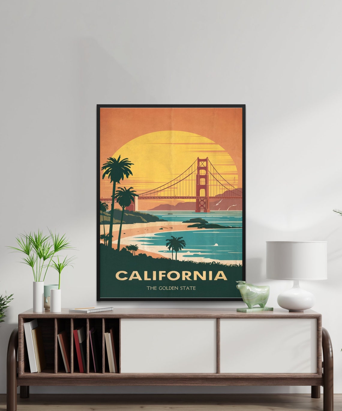 California Golden Gate Bridge Sunset Palm Trees Travel Poster - Image 2