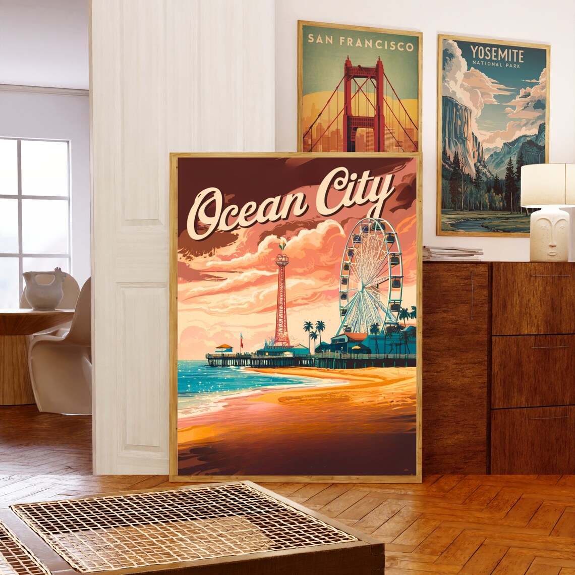 Ocean City Vintage Boardwalk Pier Ferris Wheel Sunset Travel Poster - Image 5