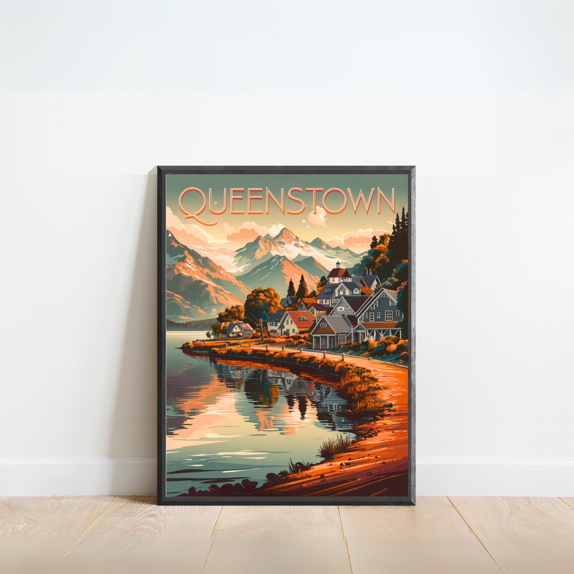 Queenstown New Zealand Vintage Lakeside Town Reflection Poster