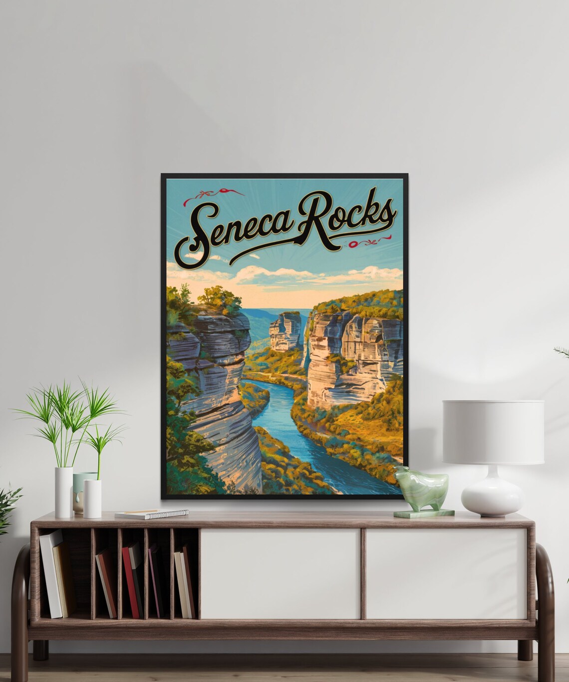 Seneca Rocks Vintage Travel Poster with River Gorge and Cliff Overlook - Image 3