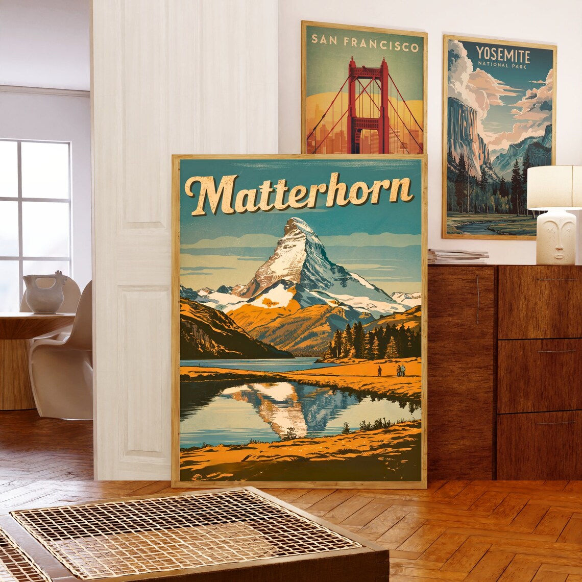 Matterhorn Hikers Golden Shoreline Lake Mirror Sunset Vintage Poster - Image 5