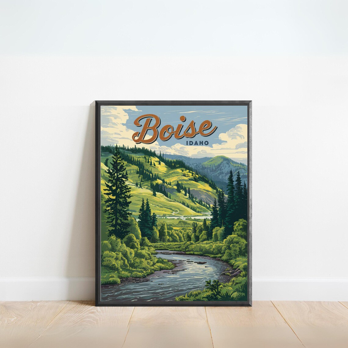 Boise Idaho Vintage Style Green Valley River Forest Travel Poster