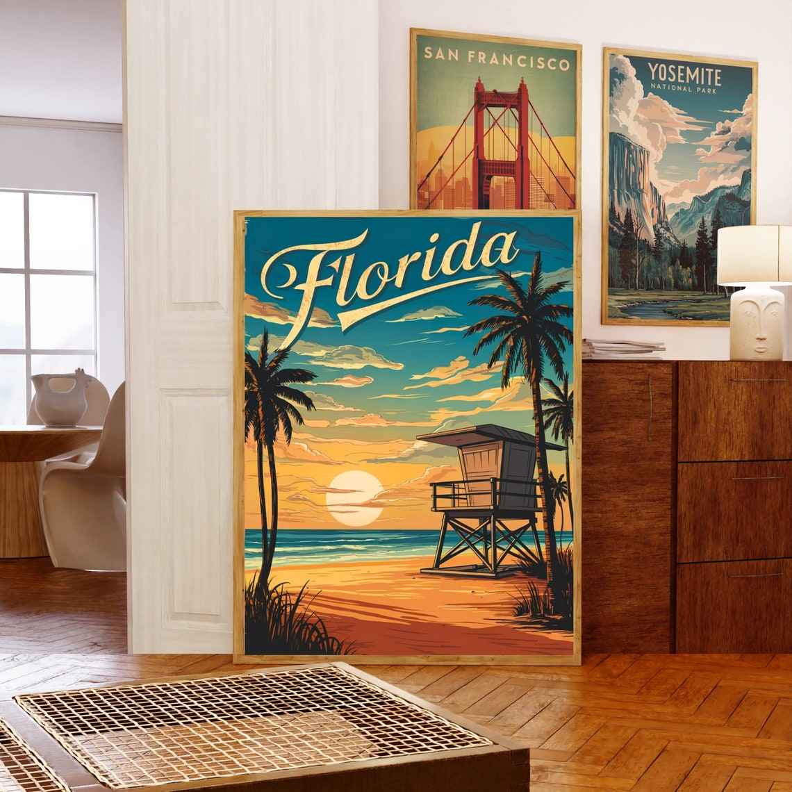 Florida Lifeguard Tower Beach Sunset Palms Retro Vintage Travel Poster - Image 5