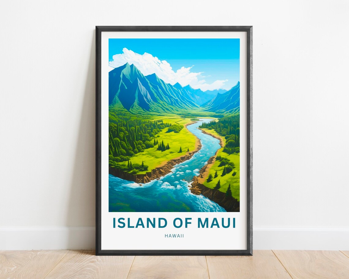 Island of Maui Hawaii Winding River Green Valley Travel Poster