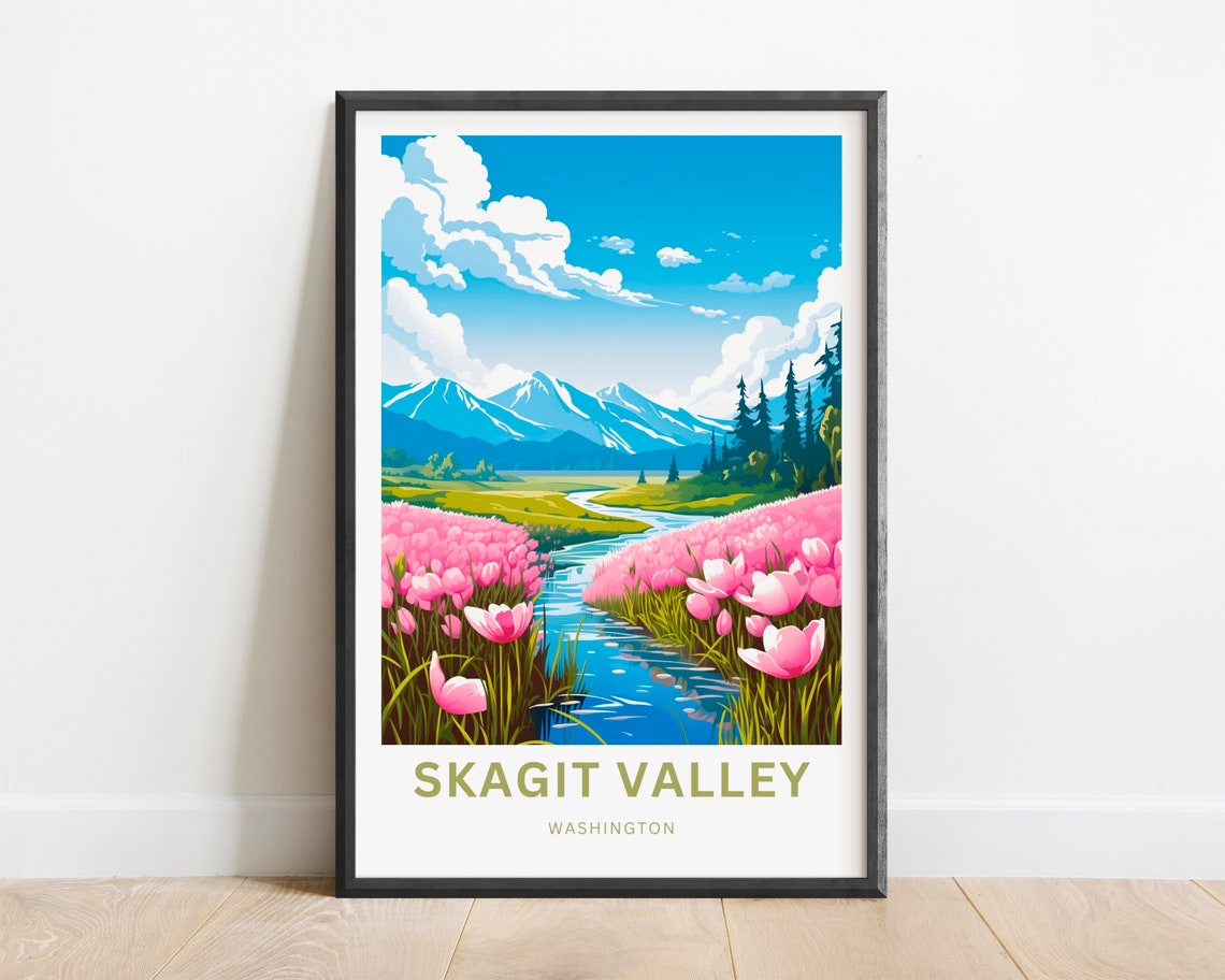 Skagit Valley Washington Pink Tulip Fields Mountain Travel Poster