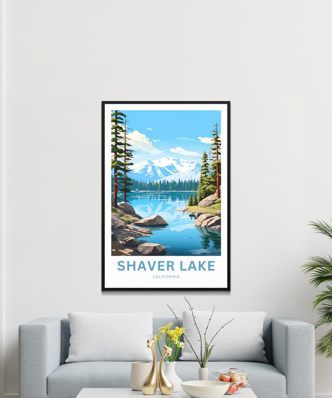 Shaver Lake California Rocky Cove Snow Peaks Travel Art Poster - Image 3