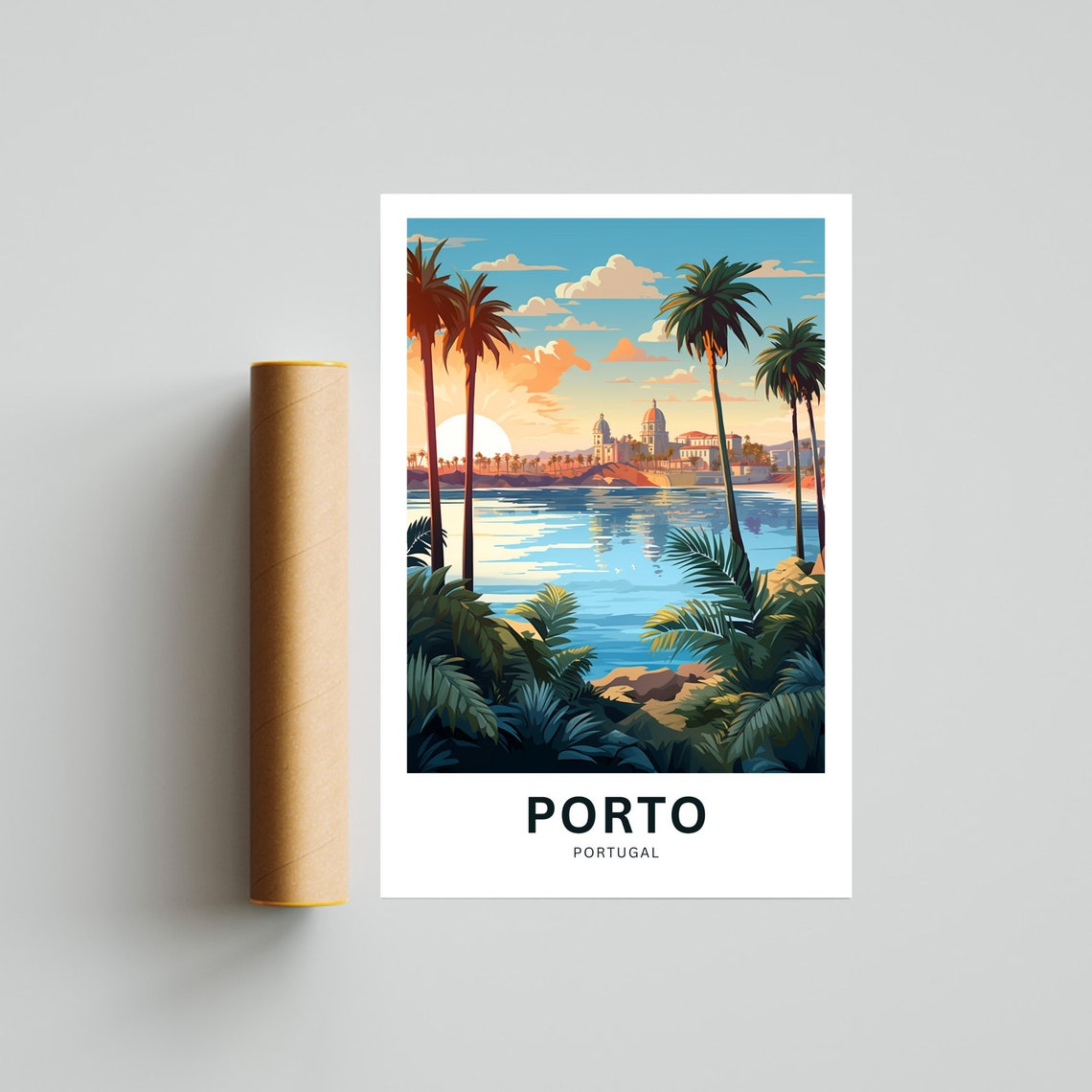 Porto Portugal Palm Bay Domed Skyline Sunset View Travel Poster - Image 4