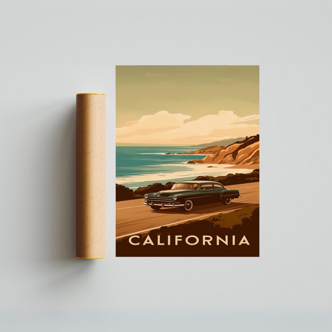 California Coastal Drive Vintage Green Classic Car Travel Poster - Image 3