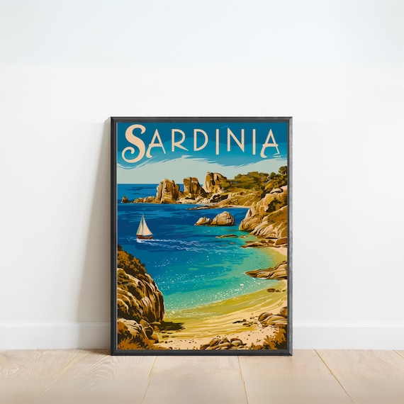 Sardinia Italy Vintage Travel Poster Rocky Coast Sailboat Art