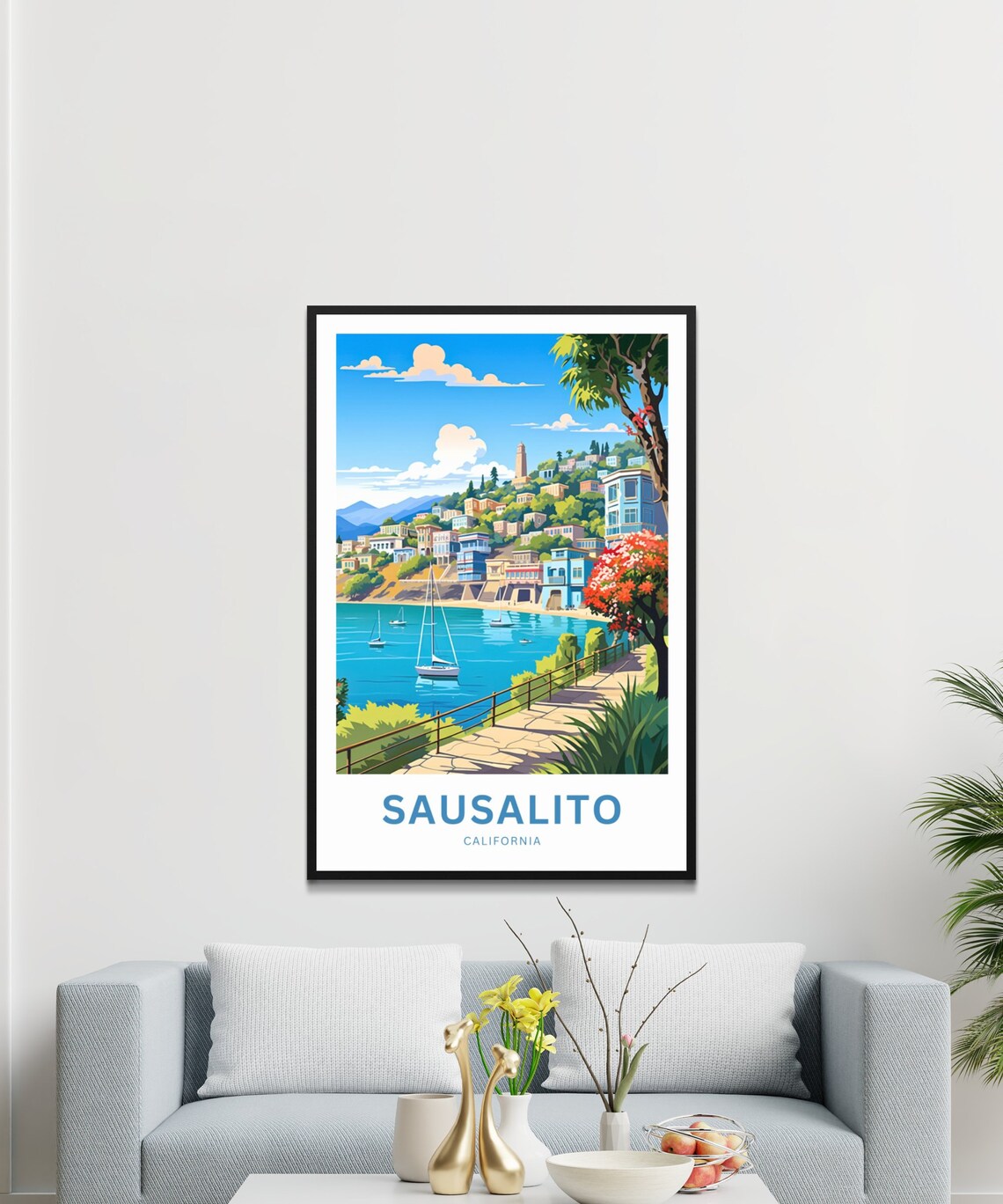 Sausalito California Colorful Harbor Hillside Sailboats Poster - Image 3