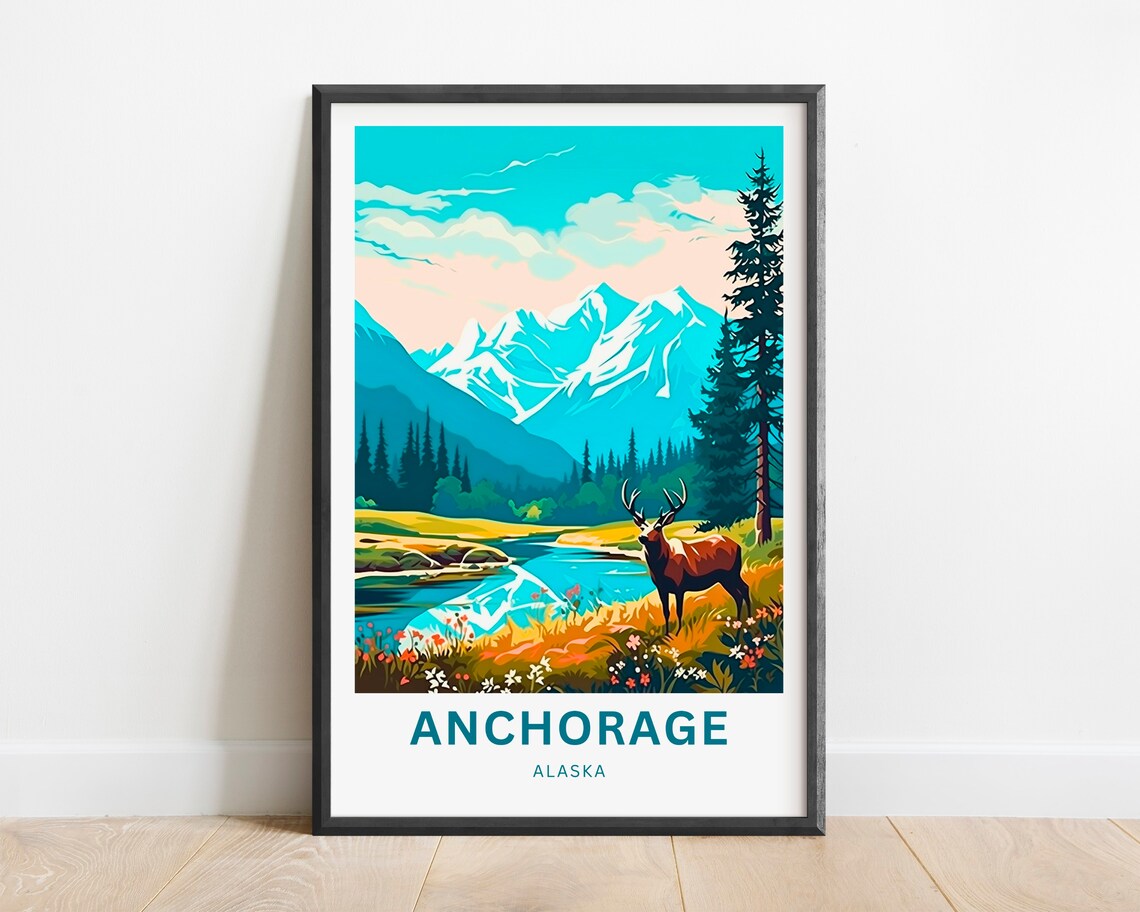 Anchorage Alaska Elk Mountain Lake Scenic Retro Travel Poster