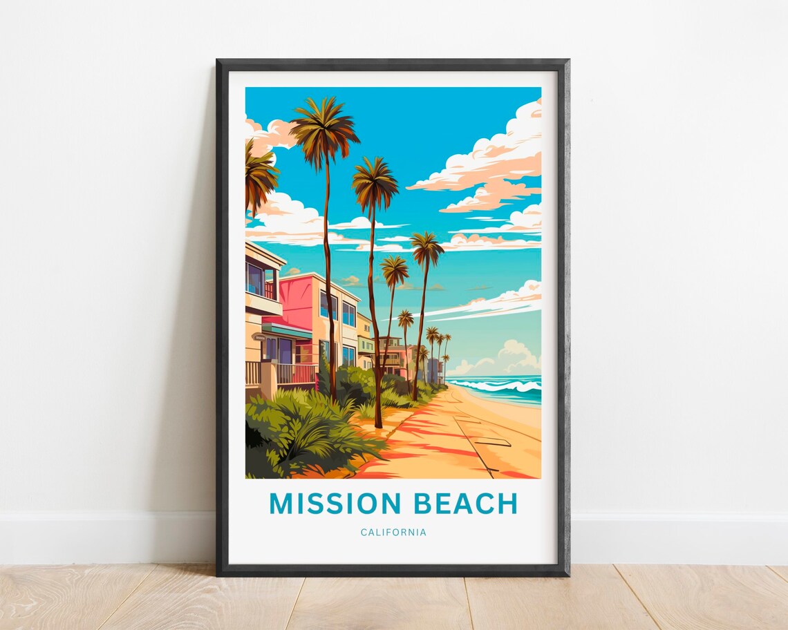 Mission Beach California Boardwalk Sunset Palm Row Travel Poster