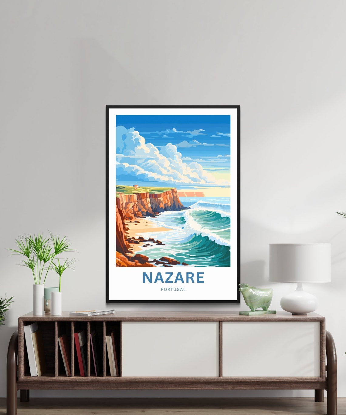 Nazare Portugal Red Cliffs Turquoise Wave Coast Scene Poster - Image 2