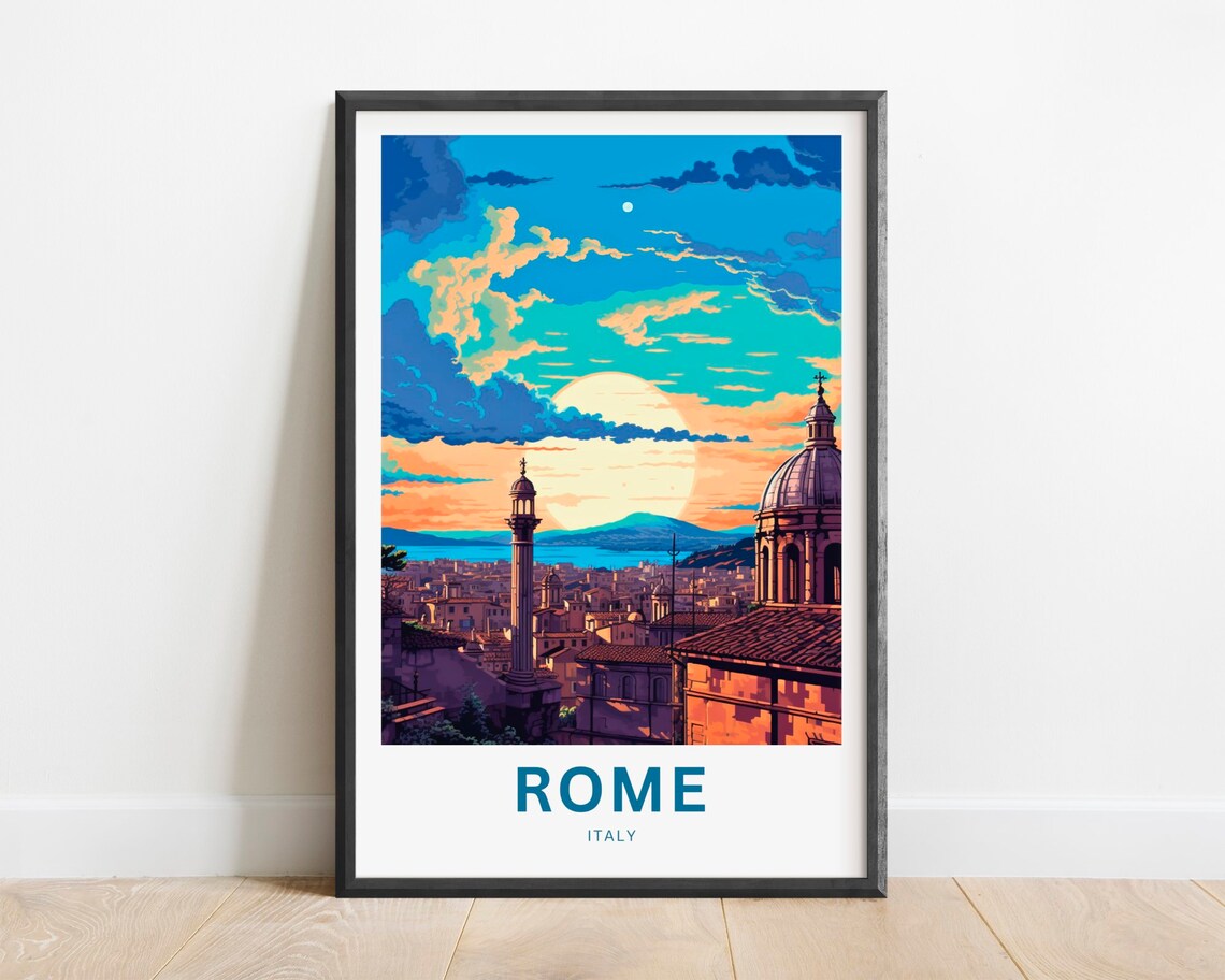 Rome Italy Sunset Rooftops Dome Bell Tower Vintage Travel Poster
