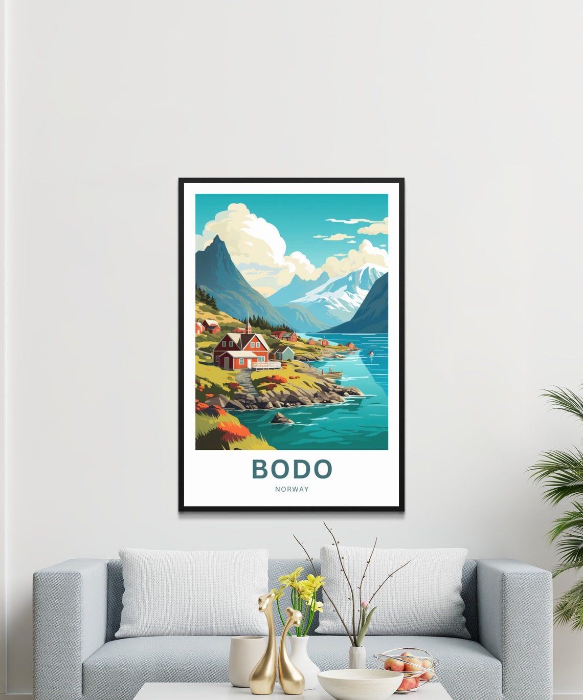 Bodo Norway Fjord Cabins Coastal Harbor Vintage Travel Poster - Image 3