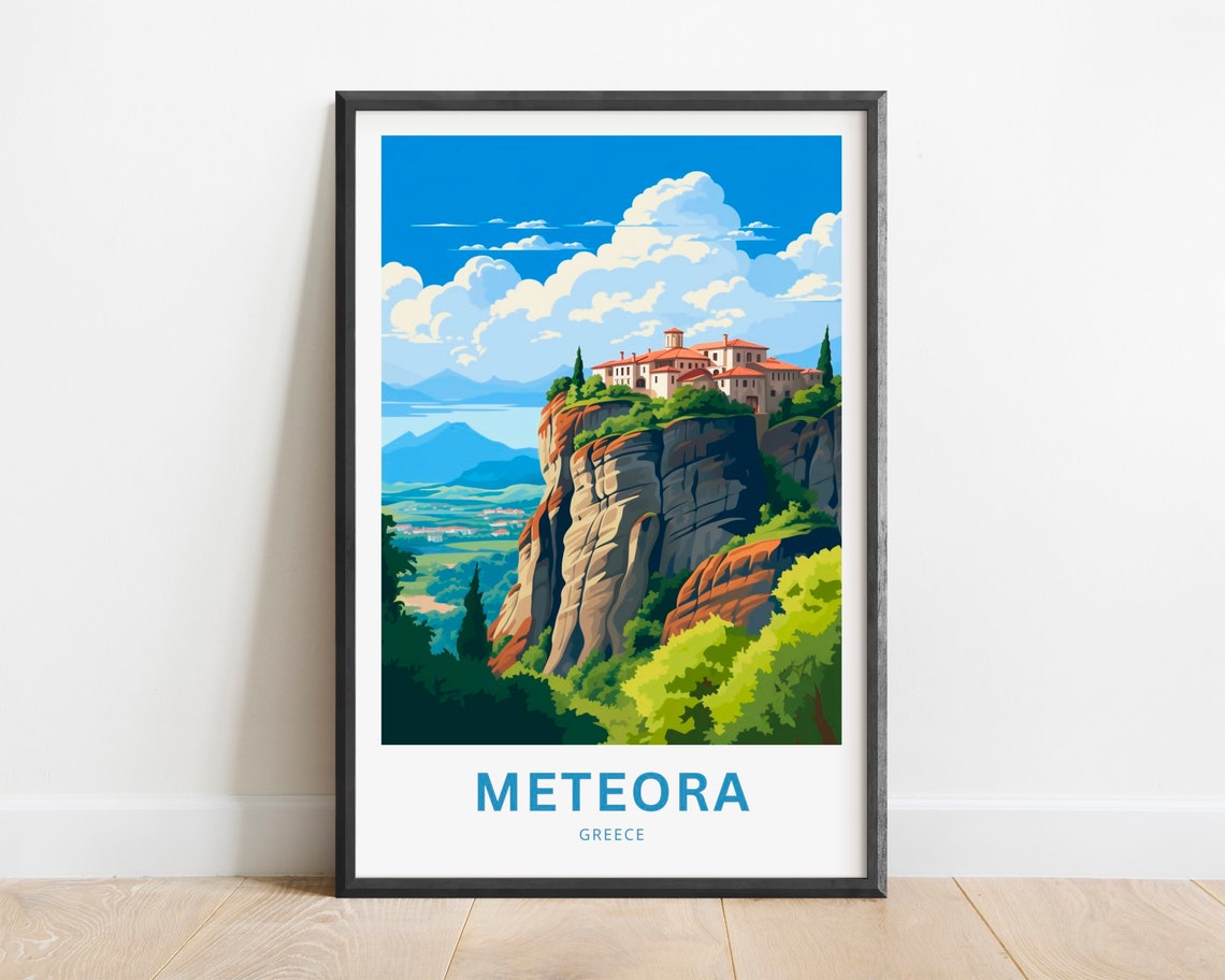 Meteora Greece Clifftop Monastery Over Valley Retro Travel Poster