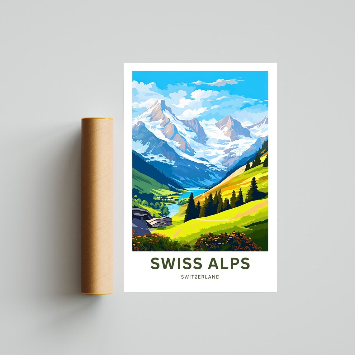 Swiss Alps Switzerland Snowy Peaks Valley Custom Text Travel Poster - Image 4