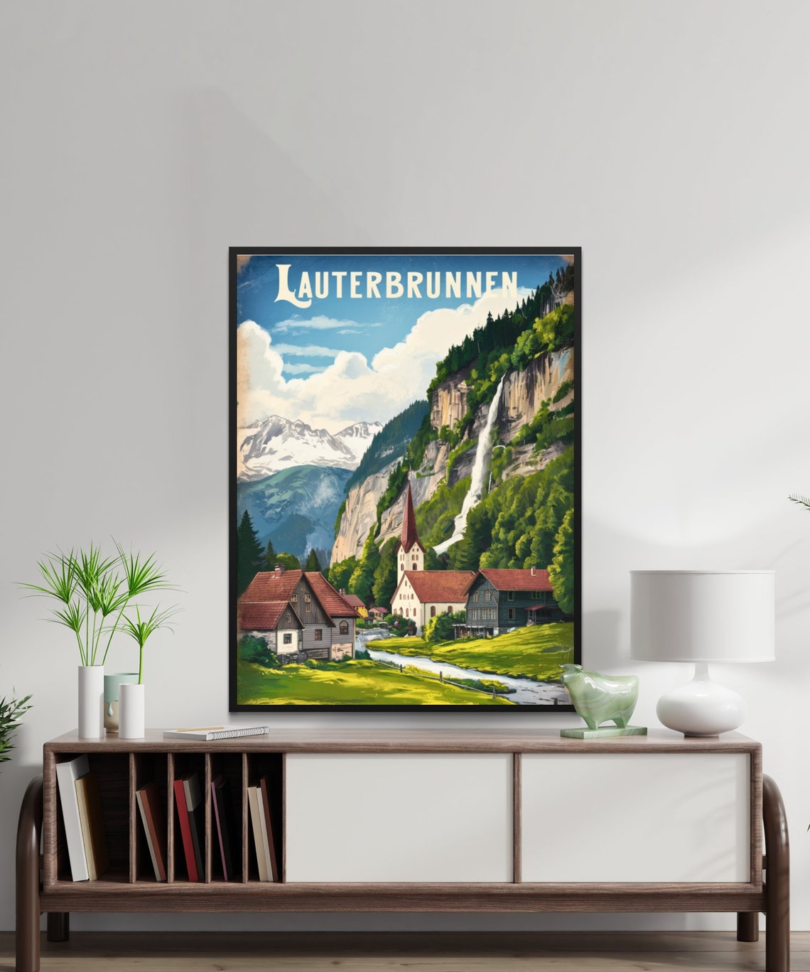 Lauterbrunnen Switzerland Vintage Waterfall Village Travel Poster - Image 2