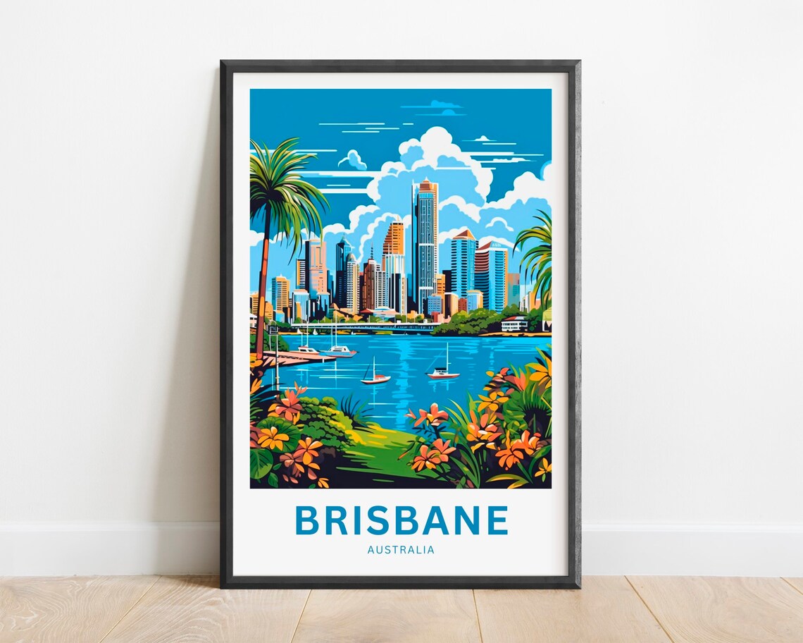Brisbane Australia Tropical River City Skyline Travel Poster