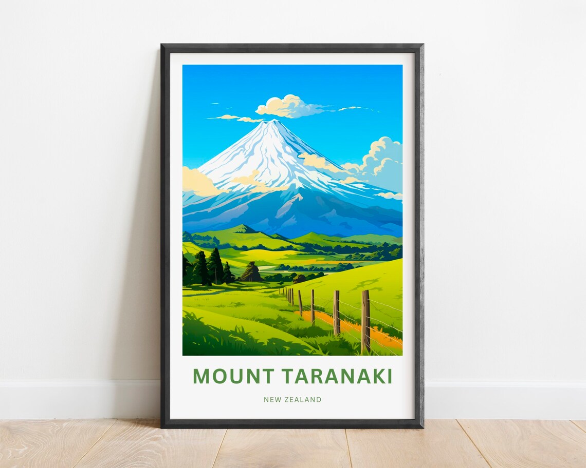 Mount Taranaki New Zealand Green Pastures Fence Snow Peak Poster