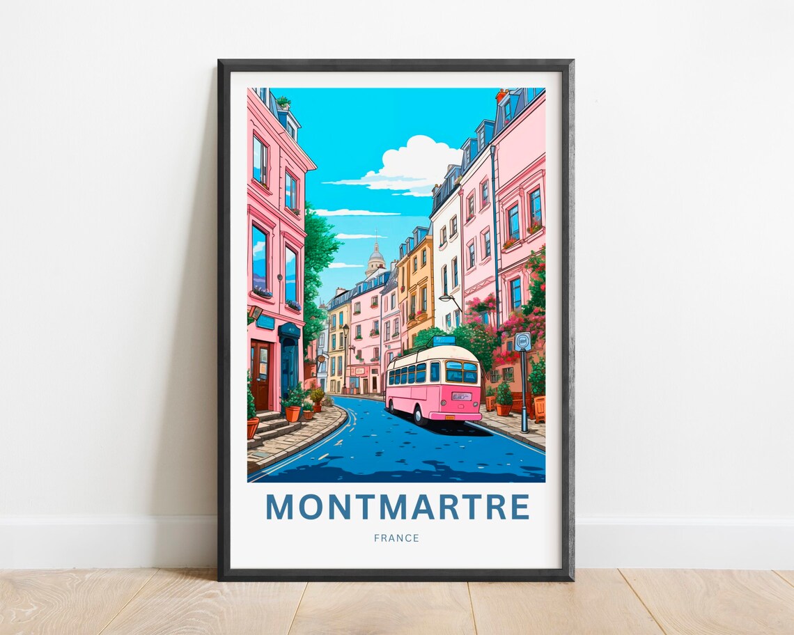 Montmartre France Parisian Street Vintage Bus Cheerful Travel Poster
