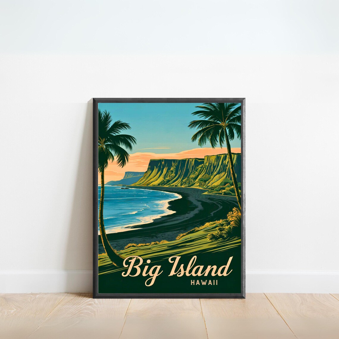 Big Island Hawaii Black Sand Beach Sunset Vintage Travel Poster