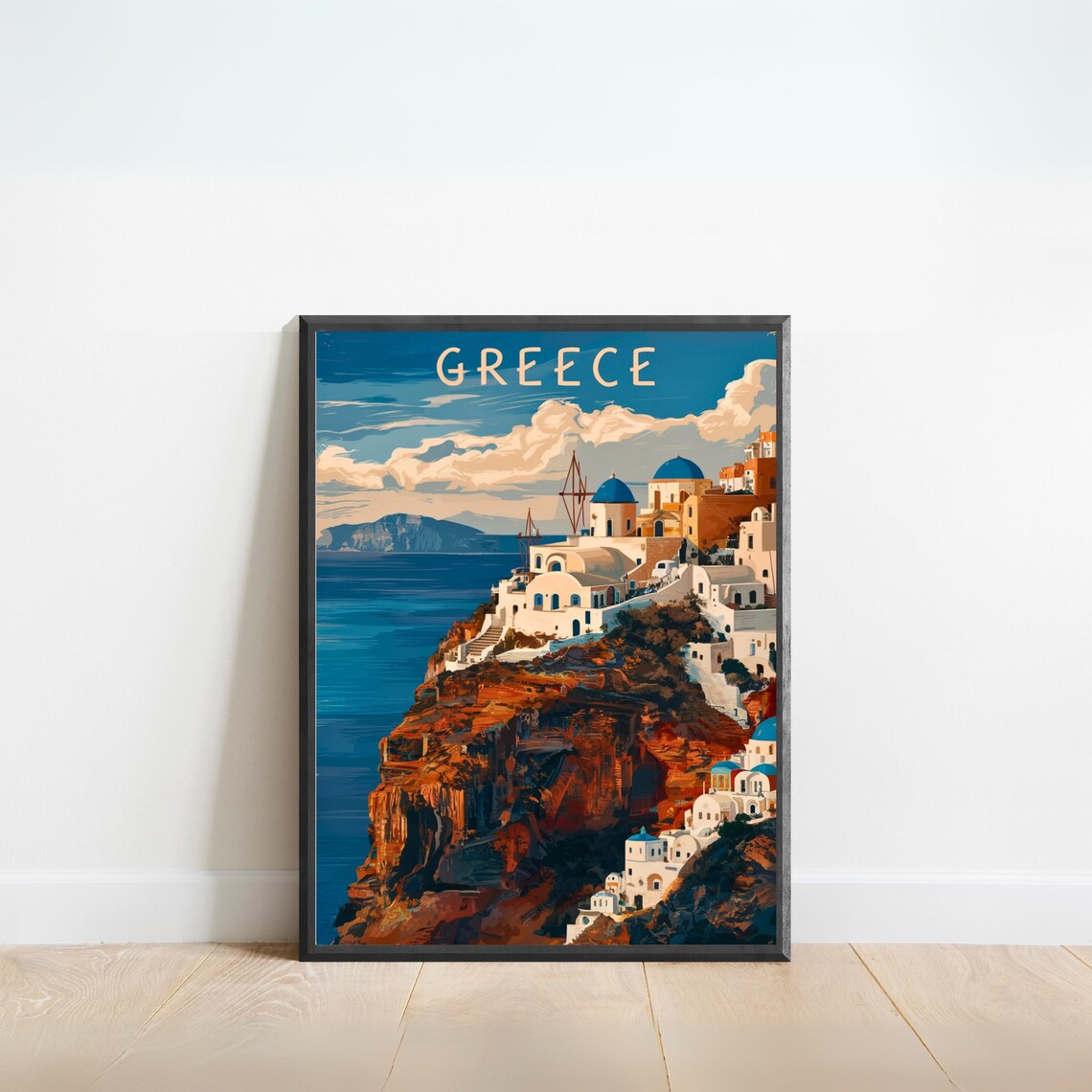 Greece Santorini Blue Dome Village Caldera Vintage Travel Poster