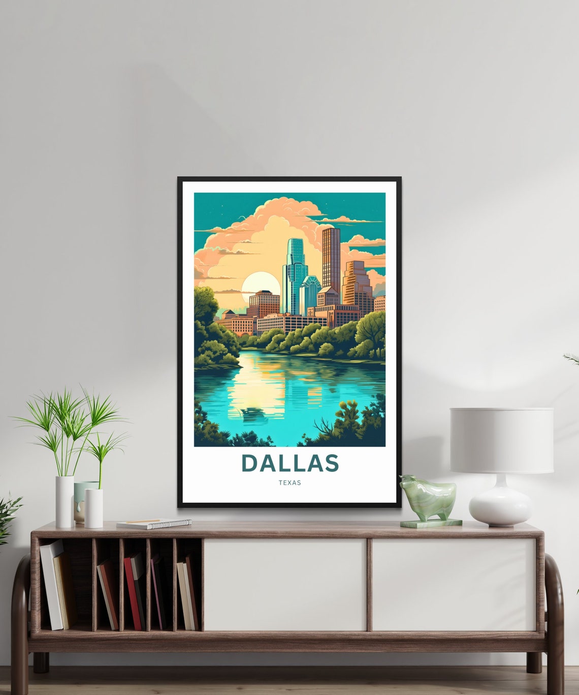 Dallas Texas Skyline River Sunset Golden Reflection Travel Poster - Image 2