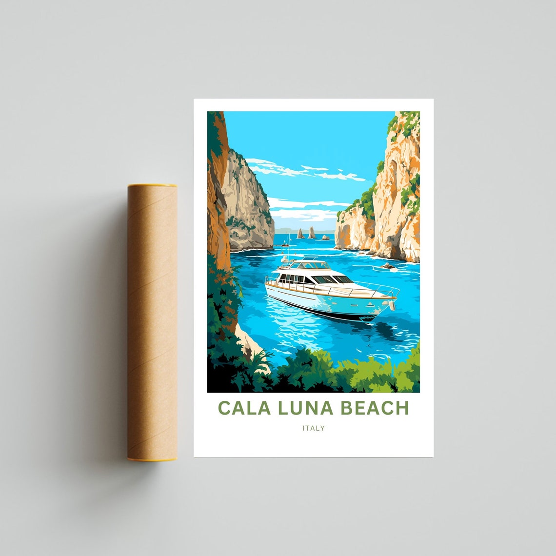 Personalized Cala Luna Beach Italy Yacht Cliff Inlet Scene Poster - Image 4