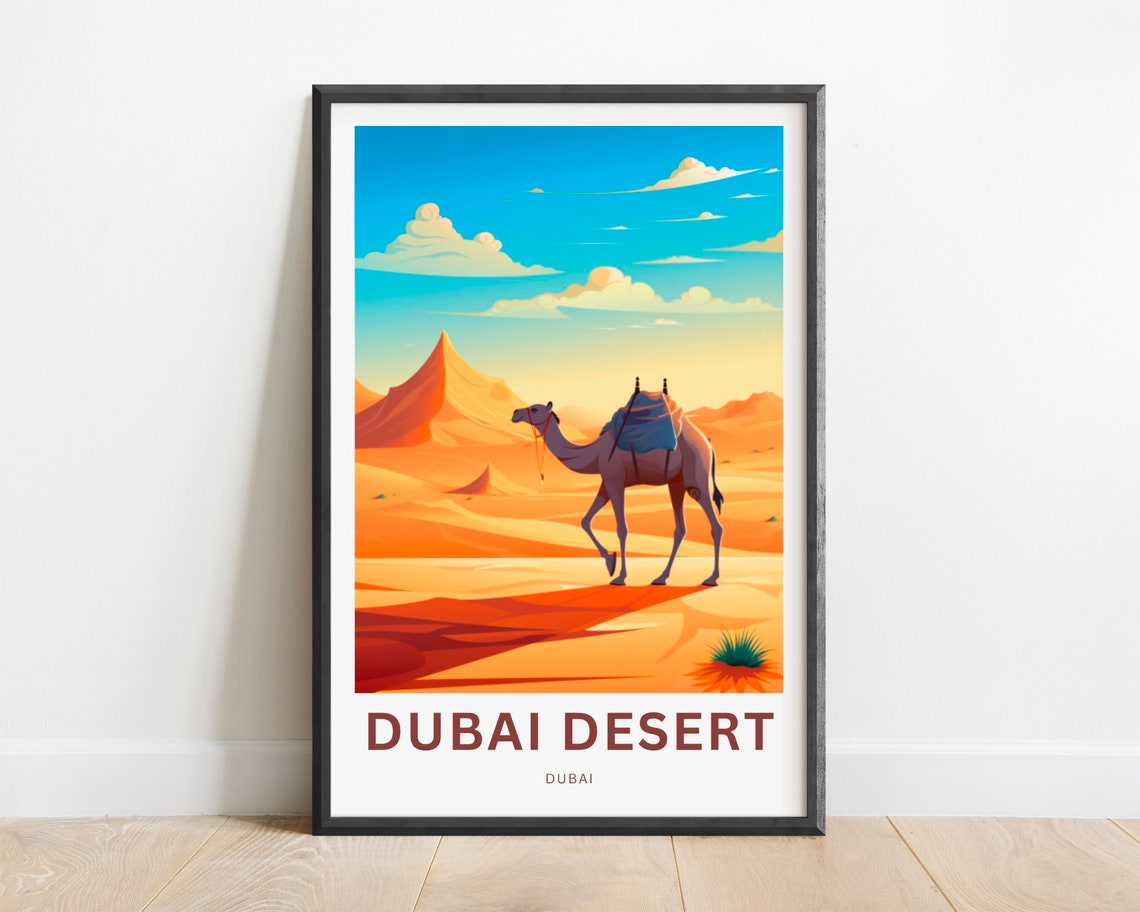 Dubai Desert Camel Silhouette Across Golden Dunes Travel Poster