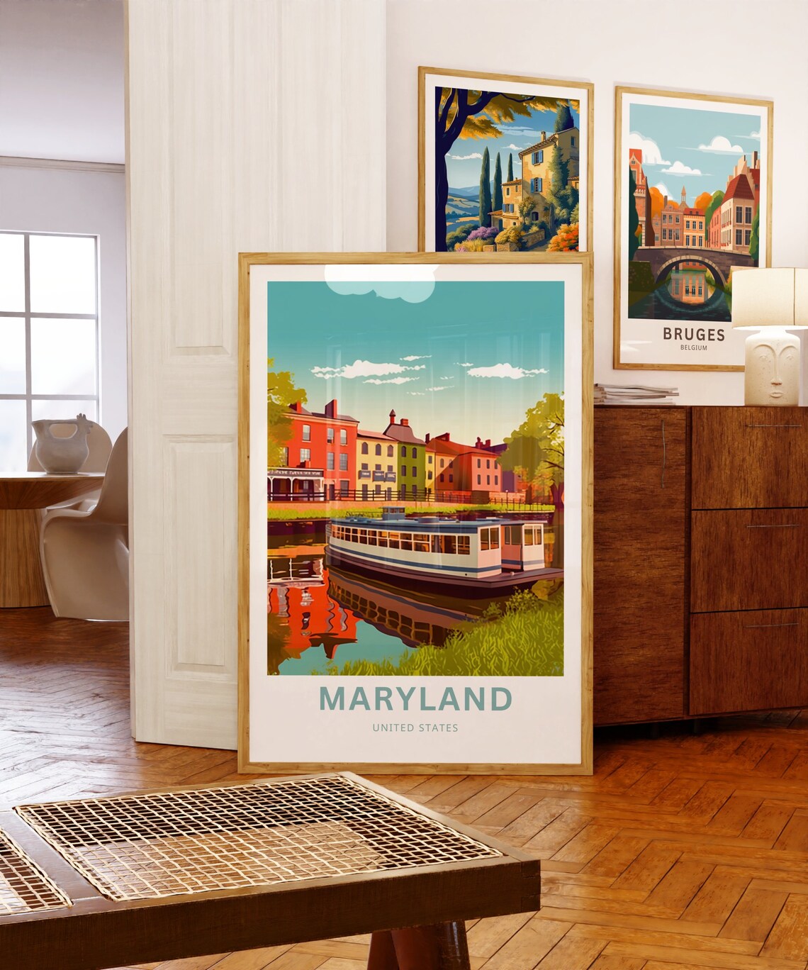 Maryland Personalized Travel Poster with Canal Boat and Rowhouses - Image 5