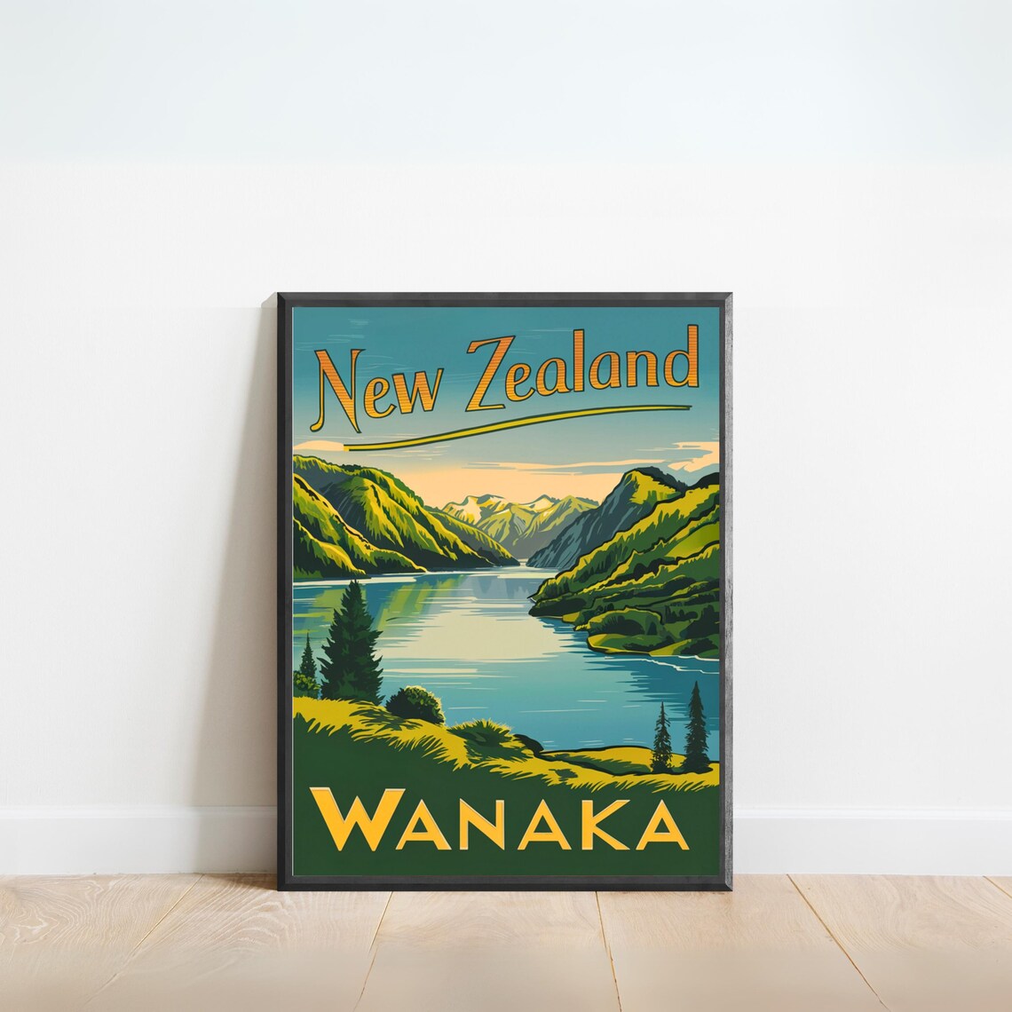 Wanaka New Zealand Lake Hills Green Retro Vintage Travel Poster