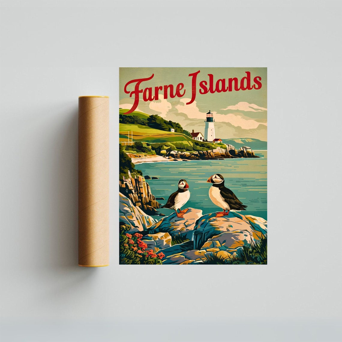 Farne Islands Vintage Lighthouse Seabirds Retro Travel Poster - Image 3