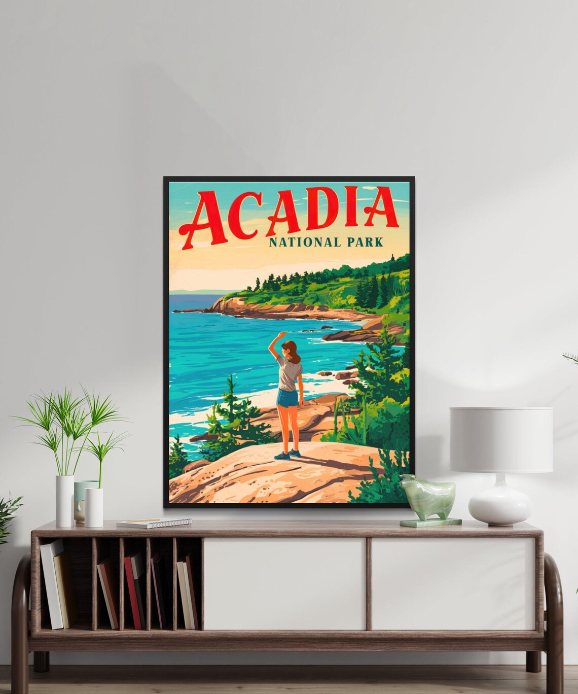 Acadia National Park Maine Rocky Coast Hiker Sunset Travel Poster - Image 3