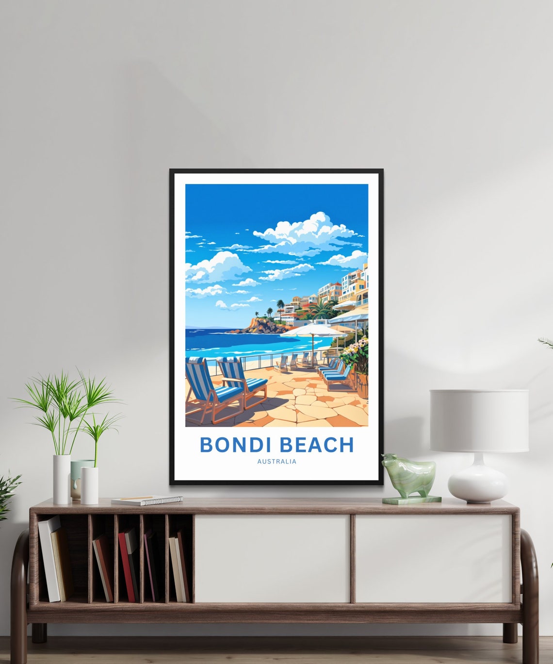 Bondi Beach Australia Striped Deck Chairs Terrace Travel Poster - Image 2