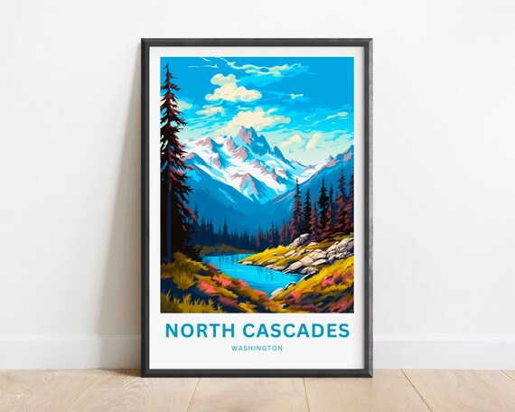 North Cascades Washington Snowy Peaks Alpine Lake Vintage View Poster